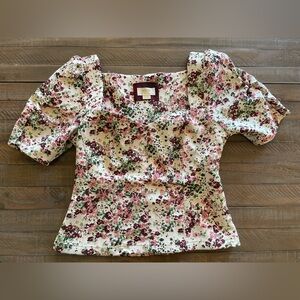 Maeve Anthropologie Ivory Floral Tapestry Blouse Puff Sleeve Sweetheart Sz 12